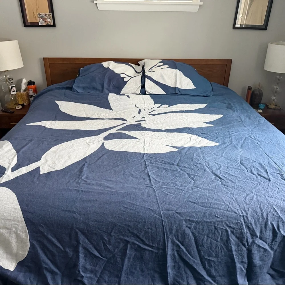 West Elm Navy and White Leaf Bedding